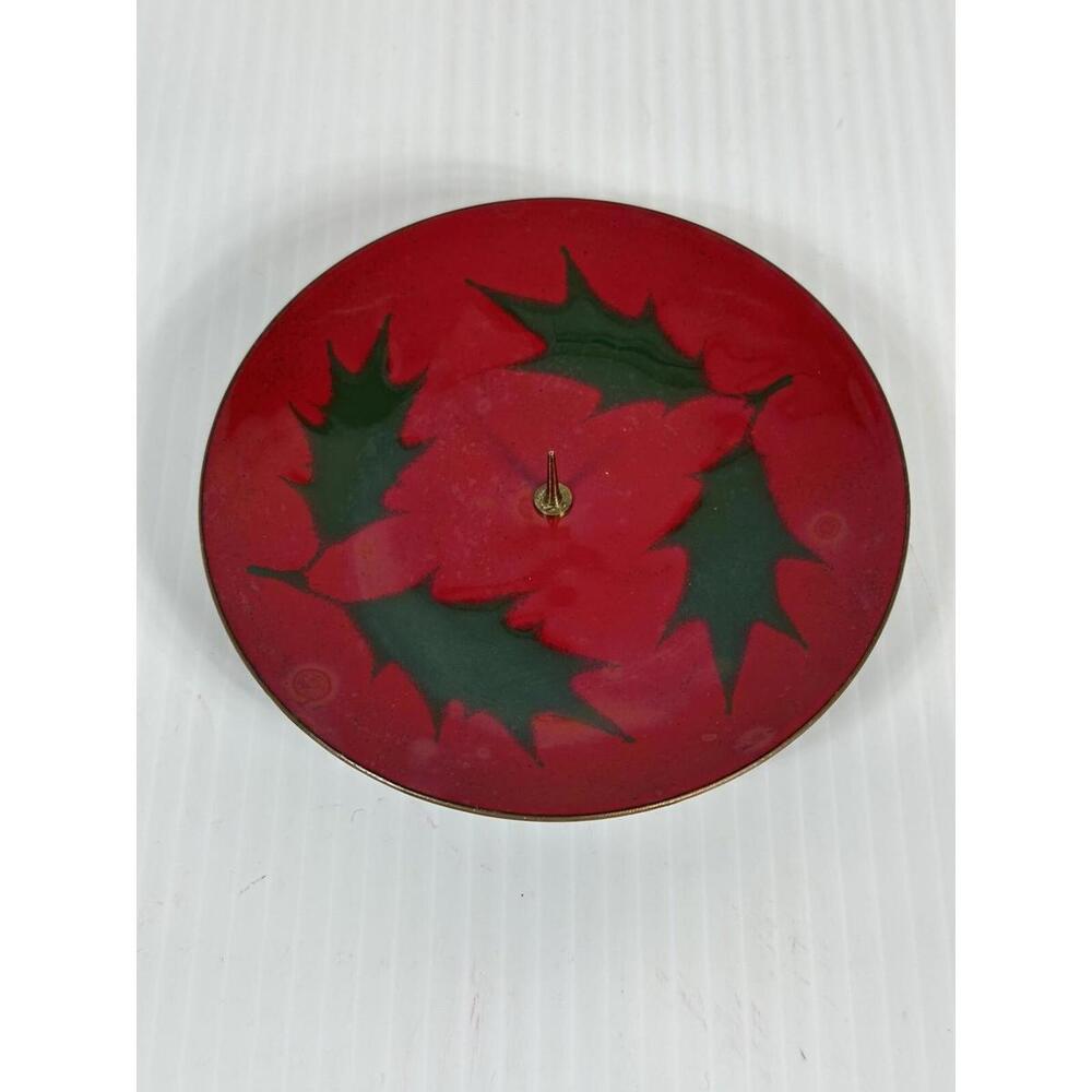 Vintage‎ Christmas Candle Holder MCM Enamel on Copper Green Holly Red Foot